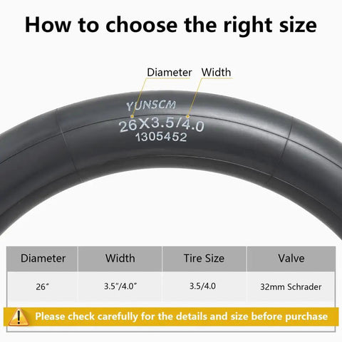 Chart for 2-Pack 26x4 Fat Bike Inner Tubes Built Tough Heavy Duty AV32mm 89/102-559 Schrader Valve sizing and dimensions guide
