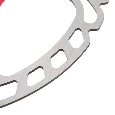 Top Tier 203mm Five Nail Disc Brake Rotor For Hydraulic And Mechanical Calipers Lightweight Trail Weapon With Killer Grip And Boss Quality In Rad Red Build close-up of stainless steel and aluminum rotor with radial cuts.