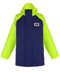 Front view of Heavy Duty Waterproof PVC Rain Jacket With 650GSM Shell Hi Vis Panels And Helmet Compatible Hood Welded Seams For Fishing Offshore Work And Pressure Washing Blue Neon.