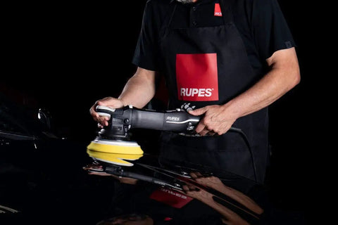 Person using polisher with Pack Of 2 100mm DA Fine Dual Action Foam Polishing Pads For Paint Correction And Gloss Enhancement Improves Cutting Power