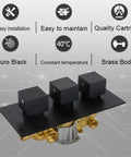 Straight Up Knockout Style Matte Black Rainfall Shower System With Waterfall Body Spray And Thermostatic Mixer Valve Wall Mounted Modern Bath Tub Faucet Set with brass body and three control knobs.