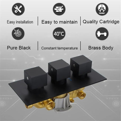 Straight Up Knockout Style Matte Black Rainfall Shower System With Waterfall Body Spray And Thermostatic Mixer Valve Wall Mounted Modern Bath Tub Faucet Set with brass body and three control knobs.