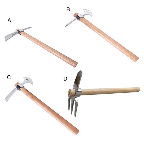 Heavy Duty Garden Pick Axe With Wooden Handle And Stainless Steel Mattock Sharp Pick And Cutting Edge For Breaking Up Dense Clay Soil And Weeds Ergonomic Grip For Comfortable All Day Yard Work, shown at multiple angles