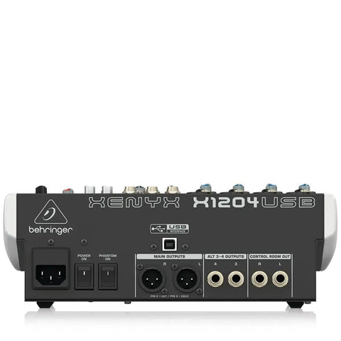 Back panel of XENYX X1204USB Premium 12-Input 2/2-Bus Mixer with ultra-low noise mic preamps and USB audio interface