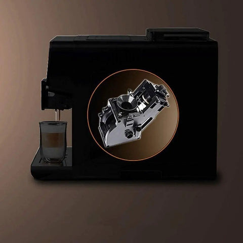 All Day Fully Automatic Coffee Machine With 19 Bar Pump And Built In Grinder Boasts sleek design showcasing stainless steel component.