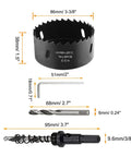 86mm Hole Saw With Hex Shank Drill Bit Adapter Bi Metal HSS Cutter with 32mm cutting depth, L wrench, and drill bits shown