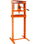 Heavy Duty 12 Ton Hydraulic Shop Press With Portable H Frame in bright orange, showcasing adjustable height and sturdy design.