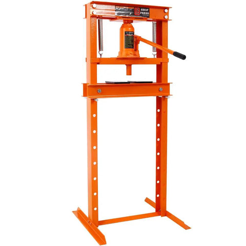 Heavy Duty 12 Ton Hydraulic Shop Press With Portable H Frame in bright orange, showcasing adjustable height and sturdy design.