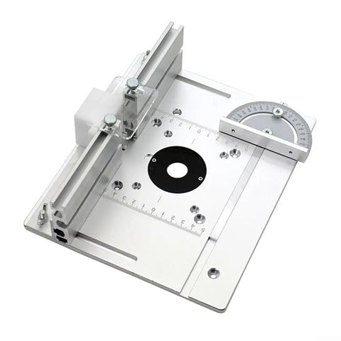 Shop Grade Aluminum Router Table Insert Plate Set Of Three With Cnc Scribed Gauge Strip For Electric Wood Routers top view with adjustable fence.