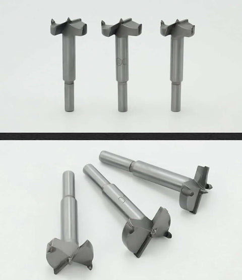 Front and angled side view of three Meichoon 40mm Forstner drill bits with round shanks and carbide tips.