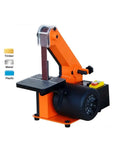 Compact Desktop Electric Grinder With Belt And Disc Sander For Woodworking, orange sander with a 350W motor and adjustable work table.