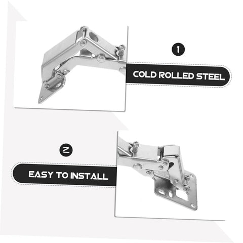 Two heavy-duty concealed door hinges in cold-rolled steel for fire doors; front and installed views.