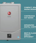 Straight Up Top Shelf Natural Gas Tankless Water Heater Moving 10.1 Gpm At 180K Btus with compact digital control design.