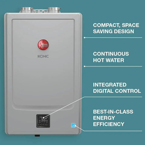 Straight Up Top Shelf Natural Gas Tankless Water Heater Moving 10.1 Gpm At 180K Btus with compact digital control design.