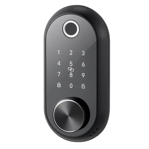 Slick Matte Black Fingerprint Door Lock Set With Tough Touchscreen Keypad showcasing biometric unlock and digital keypad.