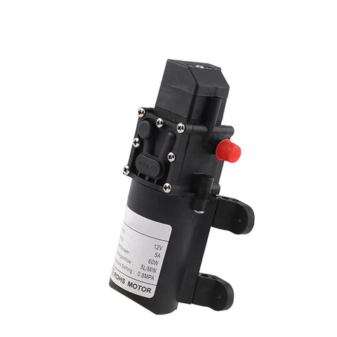 Heavy Duty 12V Automatic Electric Diaphragm Water Pressure Pump With 5L/min Flow Rate, Low Power Consumption And Corrosion Resistance. Super Reliable For RV, Marine, Or Home Use With Long Lasting Motor And Oil Resistant Design. Solid Build Quality - Close-up view of the pump with visible connectors.