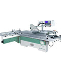14 Inch 10 HP Three Phase Sliding Table Saw With DRO CNC Fence, heavy duty construction for precision cutting in workshop.