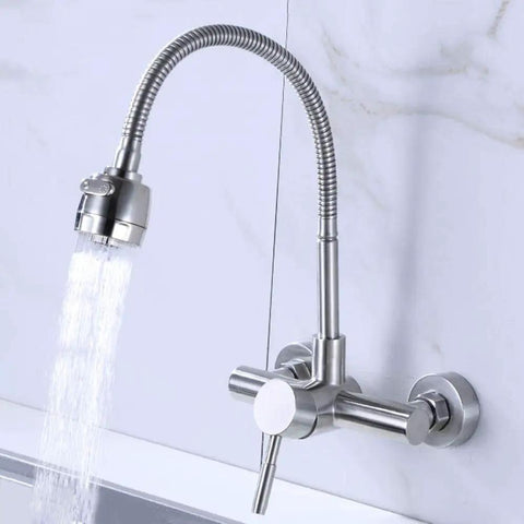 304 Stainless Steel Wall-Mounted Faucet Multifunctional Kitchen Tap Hot & Cold Water with flexible hose and spray head.