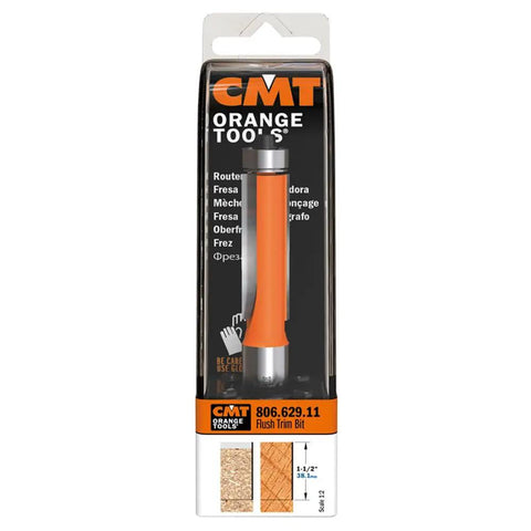 Heavy Duty Half Inch Shank Flush Trim Router Bit With Matching Ball Bearing, orange handle, packaged for laminates.