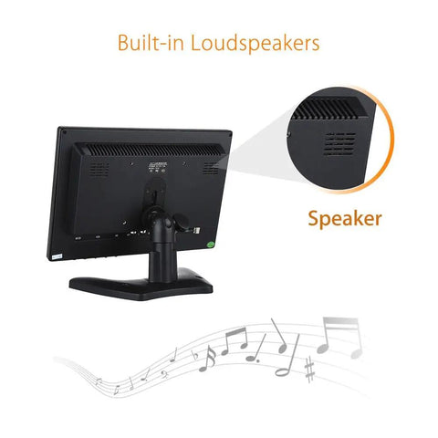 Back view of 10 Inch IPS LCD Monitor with 1280x800 Resolution for PC TV Security Display, showcasing built-in loudspeakers.