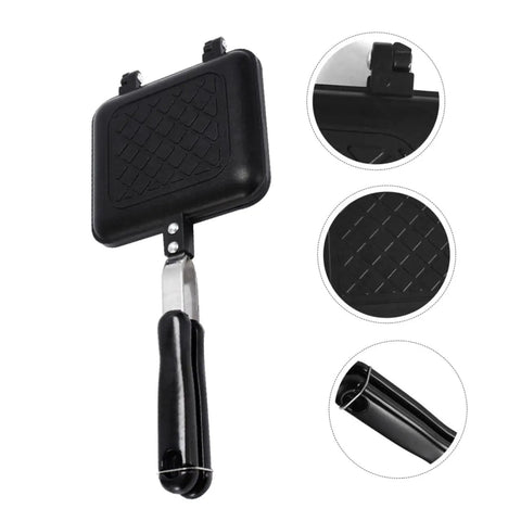 Kickstart Your Morning With This Dual-Sided Electric Mini Griddle And Waffle Maker Featuring A Non-stick Coating, Ergonomic Handle For Easy Grip, And Even Heat Distribution. Perfect Pancakes, Eggs, Or Grill veggies In No Time With Versatile Kitchen. Black mini griddle with ergonomic handle, non-stick surface, ideal for breakfast cooking.