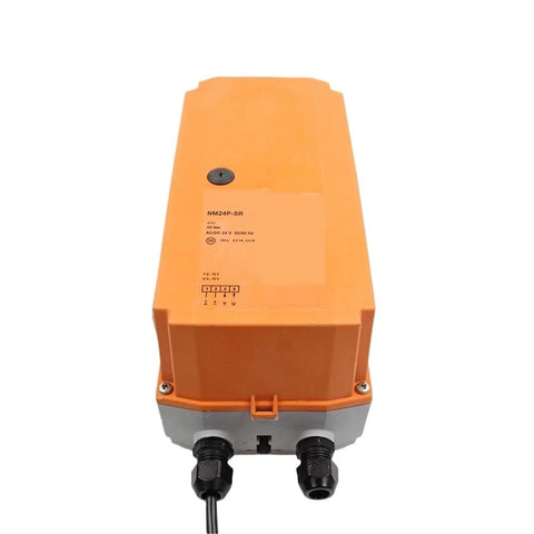 Nm24p Sr Rotary Damper Actuator Built Tough For Smooth Modulating Control And AC DC 24 Volt Power To Keep Your HVAC System Running Like A Dream On Any Daily Job Site, top view of orange actuator.