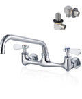 Heavy Duty Eight Inch Center Wall Mount Commercial Sink Faucet Built Tough For No Sweat Jobs with smooth swivel spout and dual handles.