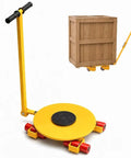 Professional Grade Heavy Duty Industrial Machinery Movers 26455 Lb Capacity Stainless Steel Equipment Skates With Handle, yellow skates with a wooden crate.