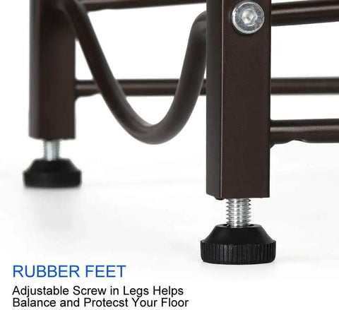 Close-up of rubber feet on dark brown steel Heavy Duty 3 Tier Water Jug Stand With Rubber Feet Keeps 5 Gallon Bottles Off The Floor.