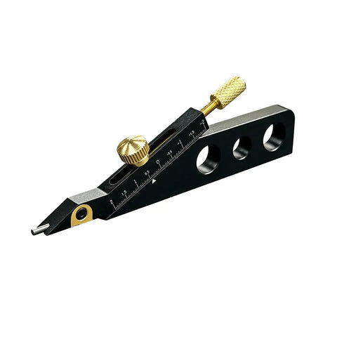Pro Level Guitar Nut Scribe Tool And Dead On Saddle Height Marker For Acoustic Classical Repairs Durable Aluminum And Brass Build Black Grip close-up view