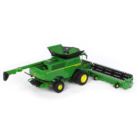 Prestige X9 1100 Farm Style Combine With Die Cast Body And Clear Windows, dual front wheels, folding C16F corn head, model view.