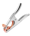Heavy Duty 500 Amp Power Welding Ground Clamp With Copper Plated Jaw And Braided Shunt Wire, stainless steel body detail.