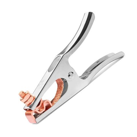 Heavy Duty 500 Amp Power Welding Ground Clamp With Copper Plated Jaw And Braided Shunt Wire, stainless steel body detail.