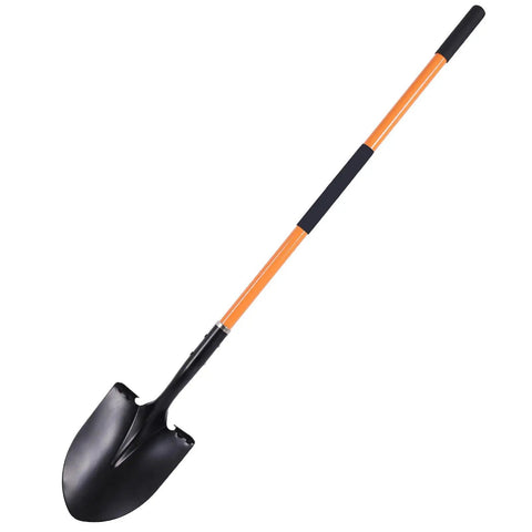 Heavy Duty Garden Shovel With 58 Inch Long Handle Round Point Steel Blade And Powder Coated Finish Orange Fiberglass Handle