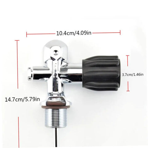 Chrome diving tank valve 250BAR for underwater adventures gas cylinder valve with black easy grip handle and measurements.