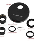 Full Metal Eyepiece Filter Wheel For 1.25 Inch And 2 Inch Telescopes with adapters, locking ring, and wrench for easy swaps