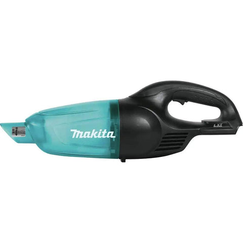 Side view of 18V LXT Cordless Vacuum with redesigned floor nozzle, black handle, and teal body for easy maneuvering and boss level suction.