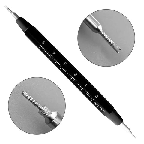 Heavy Duty Watch Strap Spring Bar Remover Kit With Integrated Inch Ruler For Rubber And Leather Bands showing precision tip and gauge.