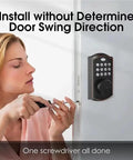 Slick Keyless Entry Door Lock With Electronic Keypad installation by woman using screwdriver on door, showing easy setup and single cylinder.