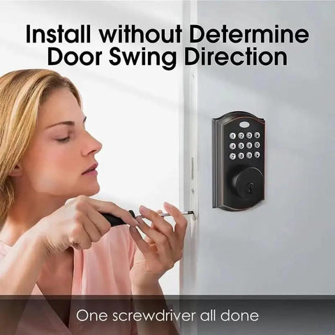 Slick Keyless Entry Door Lock With Electronic Keypad installation by woman using screwdriver on door, showing easy setup and single cylinder.