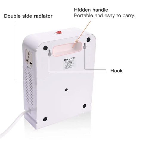 Back view of Heavy Duty 2000W Step Up Voltage Converter from 110V 120V to 220V 240V with dual sockets and hidden handle