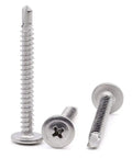 Fifty Pack Of Number 10 By 2 Inch Phillips Wafer Head Self Drilling Screws crafted from tough 410 stainless steel, showing three screws.