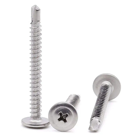 Fifty Pack Of Number 10 By 2 Inch Phillips Wafer Head Self Drilling Screws crafted from tough 410 stainless steel, showing three screws.