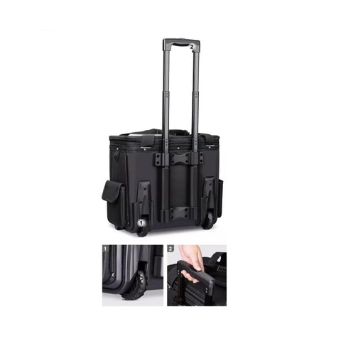 Rolling Toolbox Chest With Heavy Duty Metal Latch, Portable Tool Organizer Box On Casters, rear view with handle extended