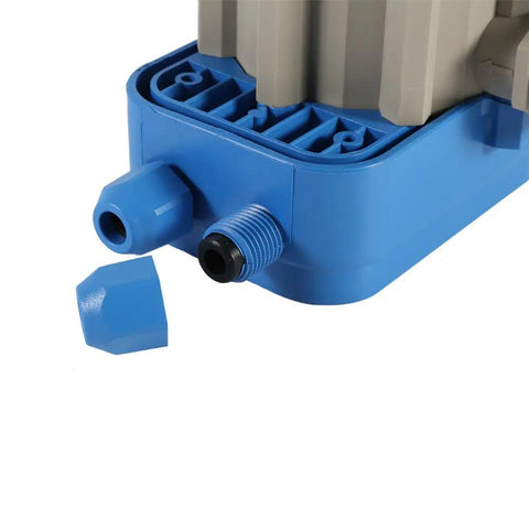 Close-up of 110V Automatic Water Pump Controller With Pressure Switch Auto On Off for Self Priming Pumps, blue casing detail