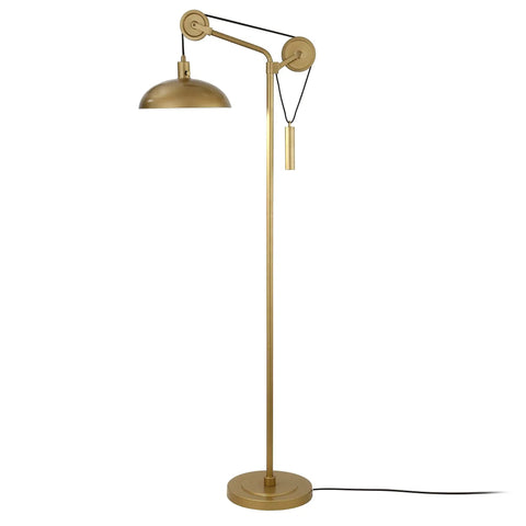 Solid Wheel Pulley Floor Lamp With Brass Dome Shade And Industrial Steel Base, 8 Foot Cord, E26 Bulb Compatible
