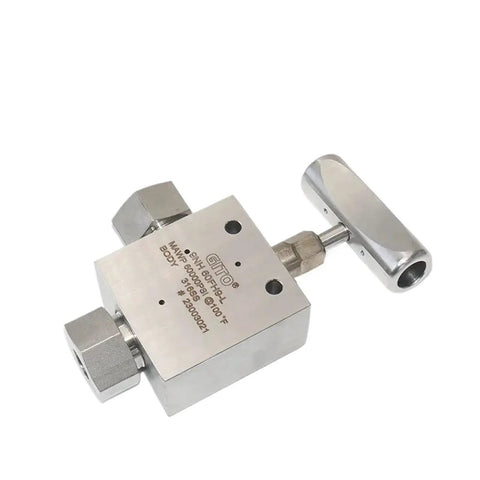 Needle valve block, stainless steel with T-handle, for medium/high pressure hydrogen (front view).