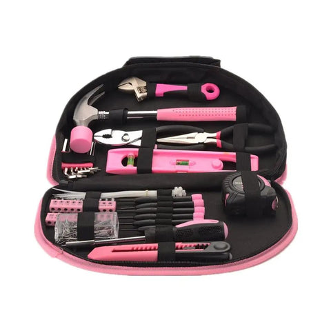 Open view of Pink 69 Piece Hand Tool Set For Women DIY Ready Tool Kit With 12 Inch Storage Bag Includes Torpedo Level Claw Hammer Tape Measure