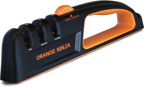 Multi Angle Knife Sharpener With Five Angle Settings And Three Stage System For Home Cooks shown in black and orange.