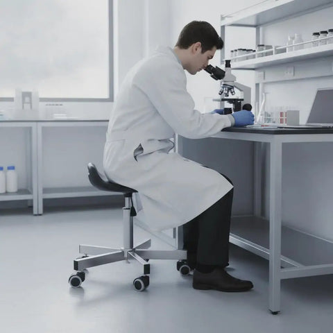 Heavy Duty Swivel Stool With Rock Solid Metal Build And Smooth Rolling Wheels For Studio Or Cleanroom Use in lab with microscope.